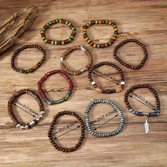 Set of 10 vintage Bohemia men's bracelets with leaf designs, stylish jewelry accessories by Jelieora Venture
