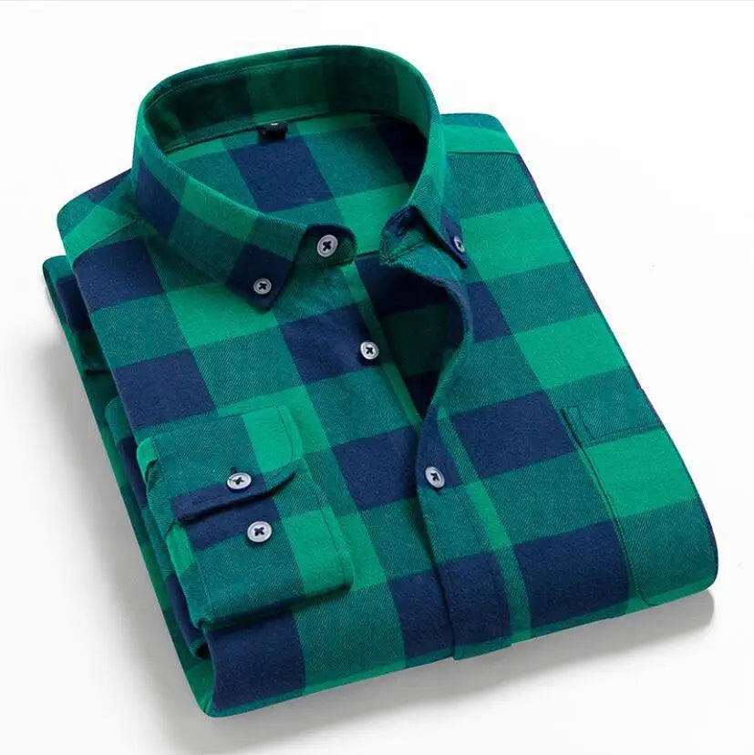 Men's plaid flannel shirt by Jelieora Venture, featuring a 100% cotton fabric, classic plaid pattern, and casual long-sleeve design.