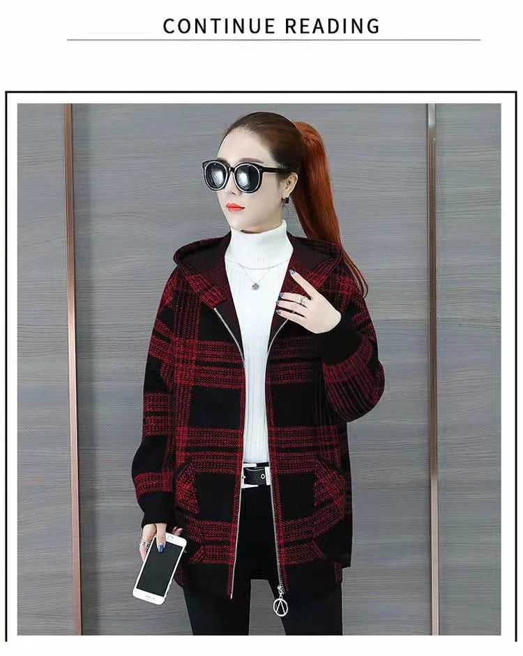 Plus size women's plaid fleece-lined coat by Jelieora Venture, showing a cozy, stylish outerwear with a plaid pattern and warm fleece interior.