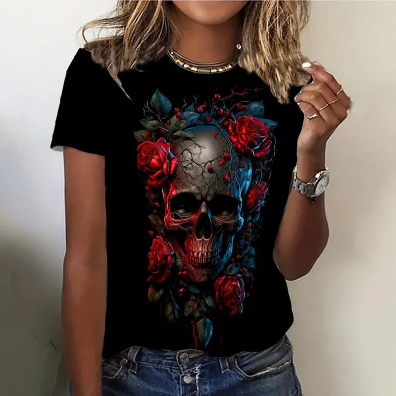Women's skeleton print T-shirt by Jelieora Venture, featuring a detailed skeleton design on soft black fabric.