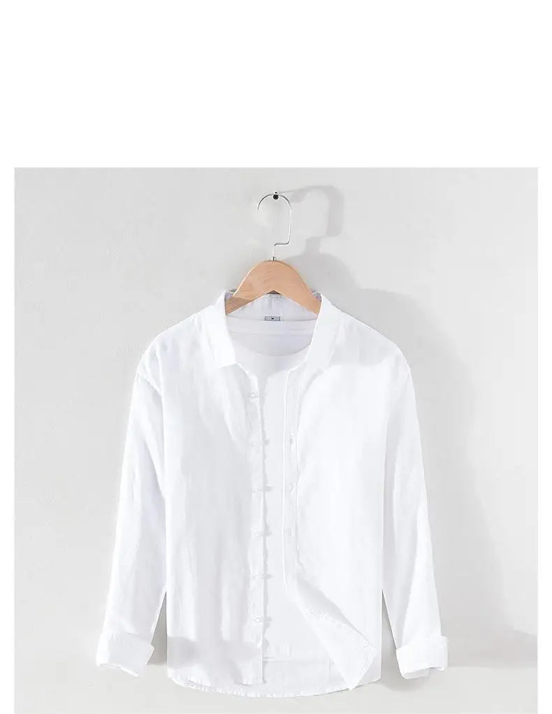 Men's linen long sleeve shirt by Jelieora Venture, light and breathable fabric, shown in a relaxed fit with a button-up front.