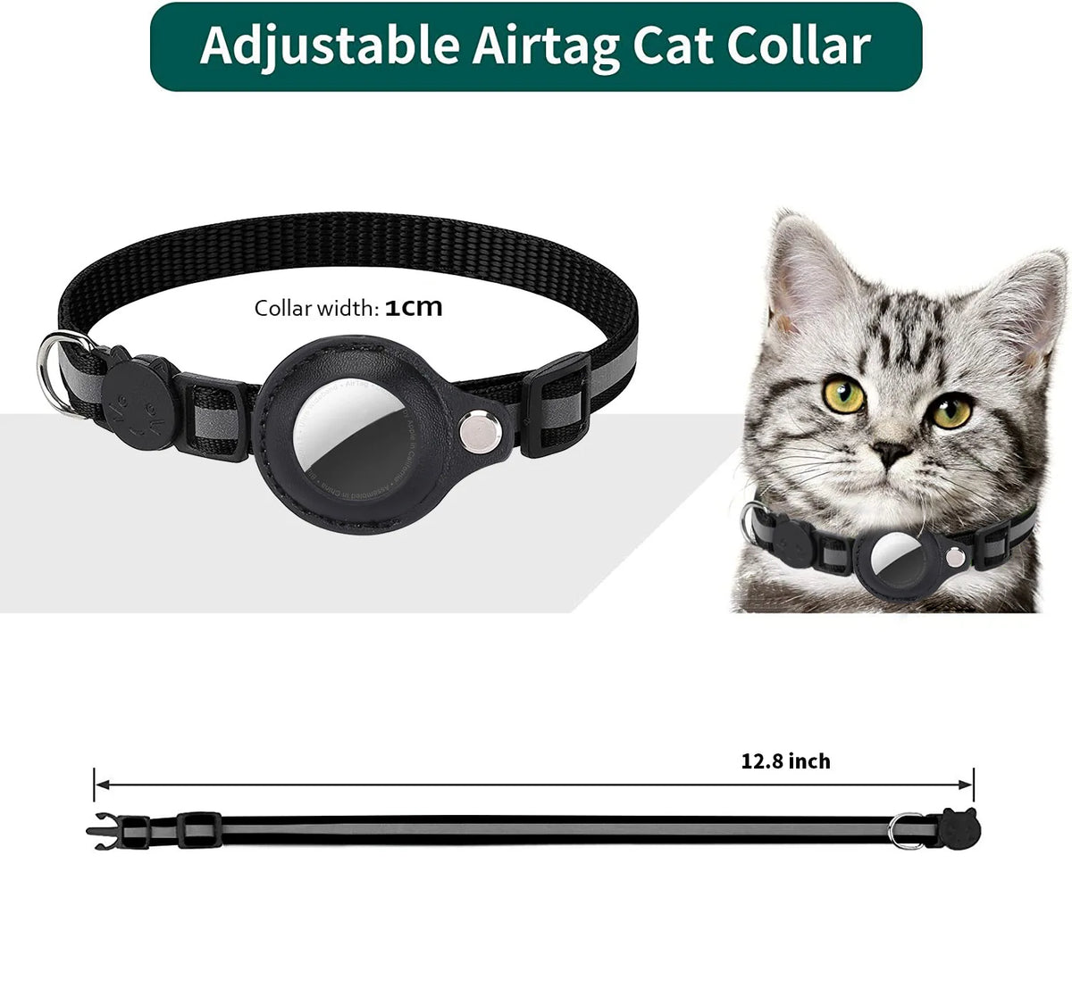 Jelieora Venture cat AirTag collar with adjustable strap and safety buckle, designed for pet tracking and security.