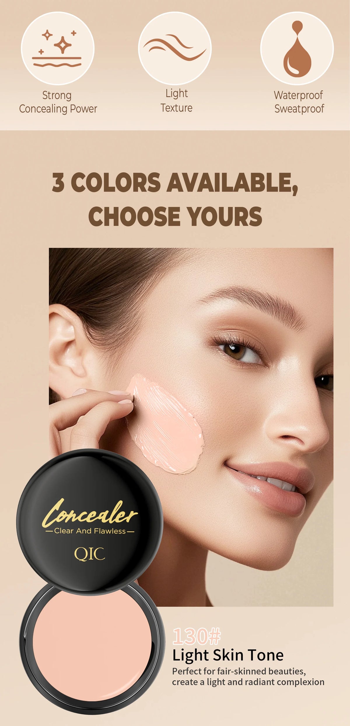 Jelieora Venture full coverage concealer and contour cream in a makeup compact, showcasing smooth creamy texture and shade options.