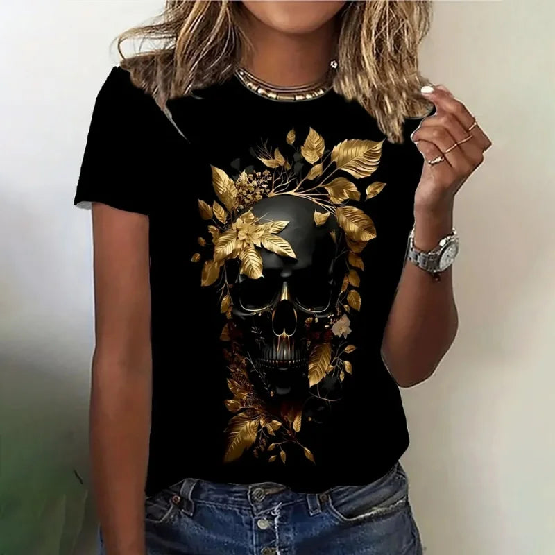 Women's skeleton print T-shirt by Jelieora Venture featuring a bold skeletal graphic on soft fabric.