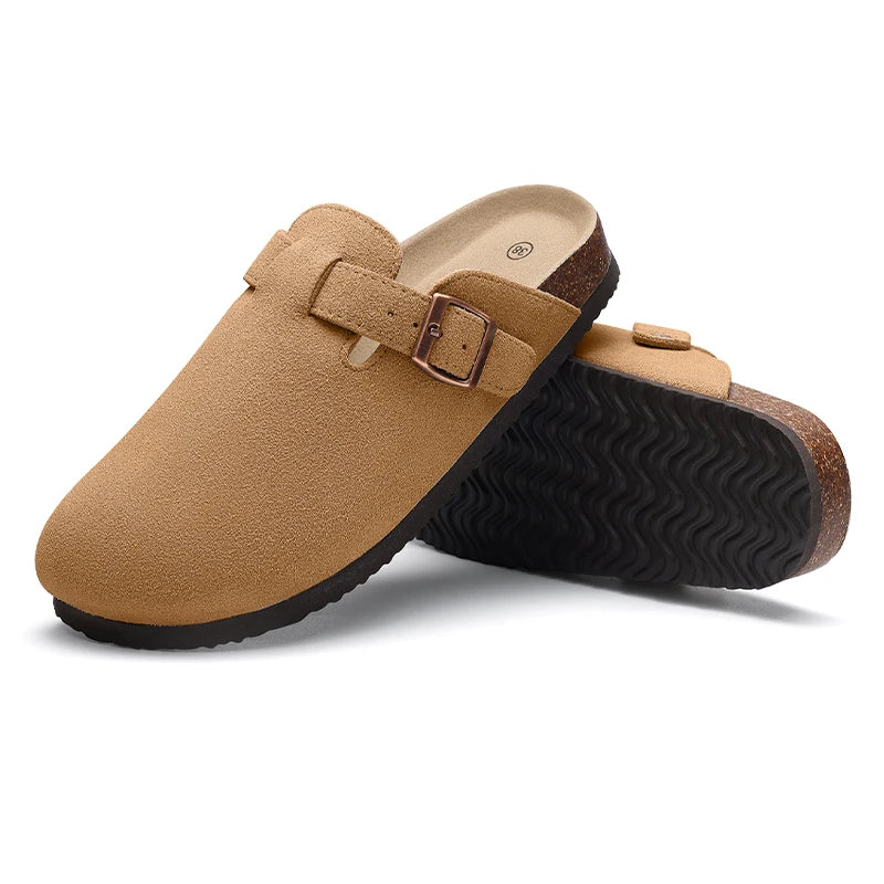 Women's cork sole suede mule clogs with adjustable buckle by Jelieora Venture, showing the stylish slip-on footwear.