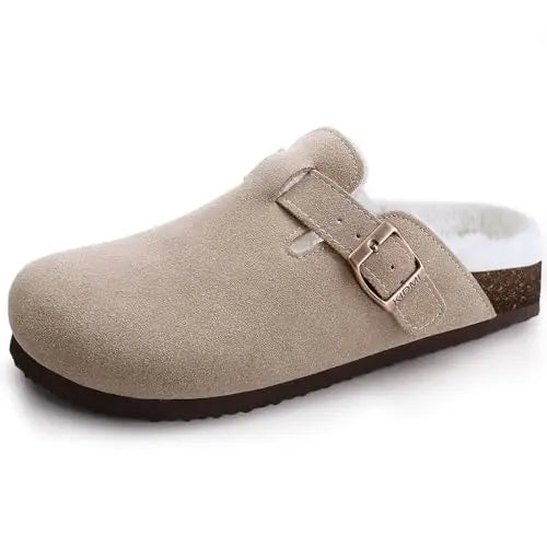Women's cork sole suede mule clogs with adjustable buckle from Jelieora Venture, showcasing stylish and comfortable footwear.