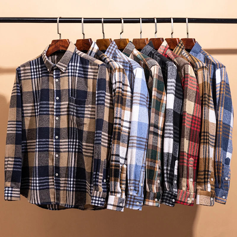 Men's 100% cotton herringbone plaid shirt by Jelieora Venture, featuring a classic pattern and available in sizes up to 7XL.