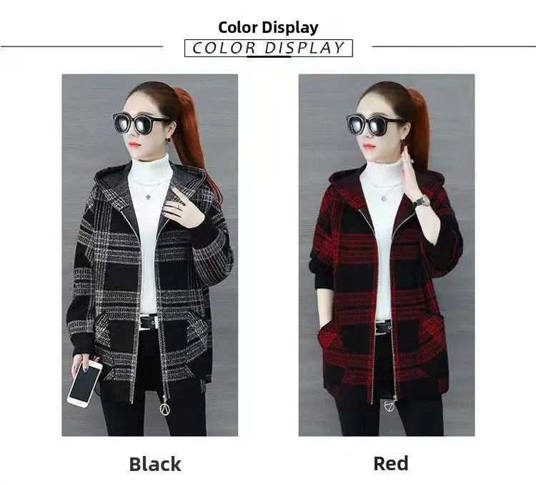 Plus size women's plaid fleece-lined coat by Jelieora Venture, featuring a cozy plaid pattern and warm fleece interior.