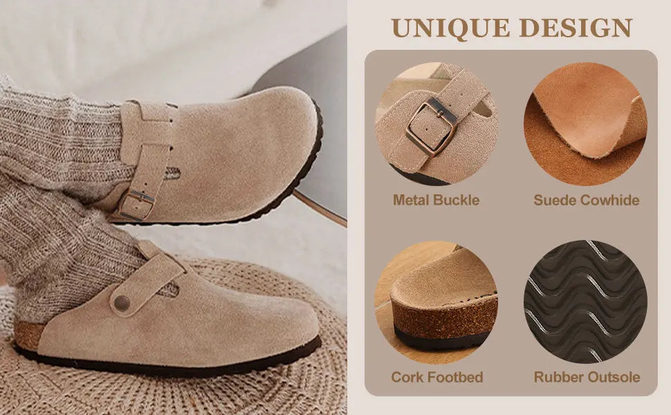 Women's suede cork footbed mule clogs by Jelieora Venture showing stylish slip-on footwear with a suede upper and cork sole.