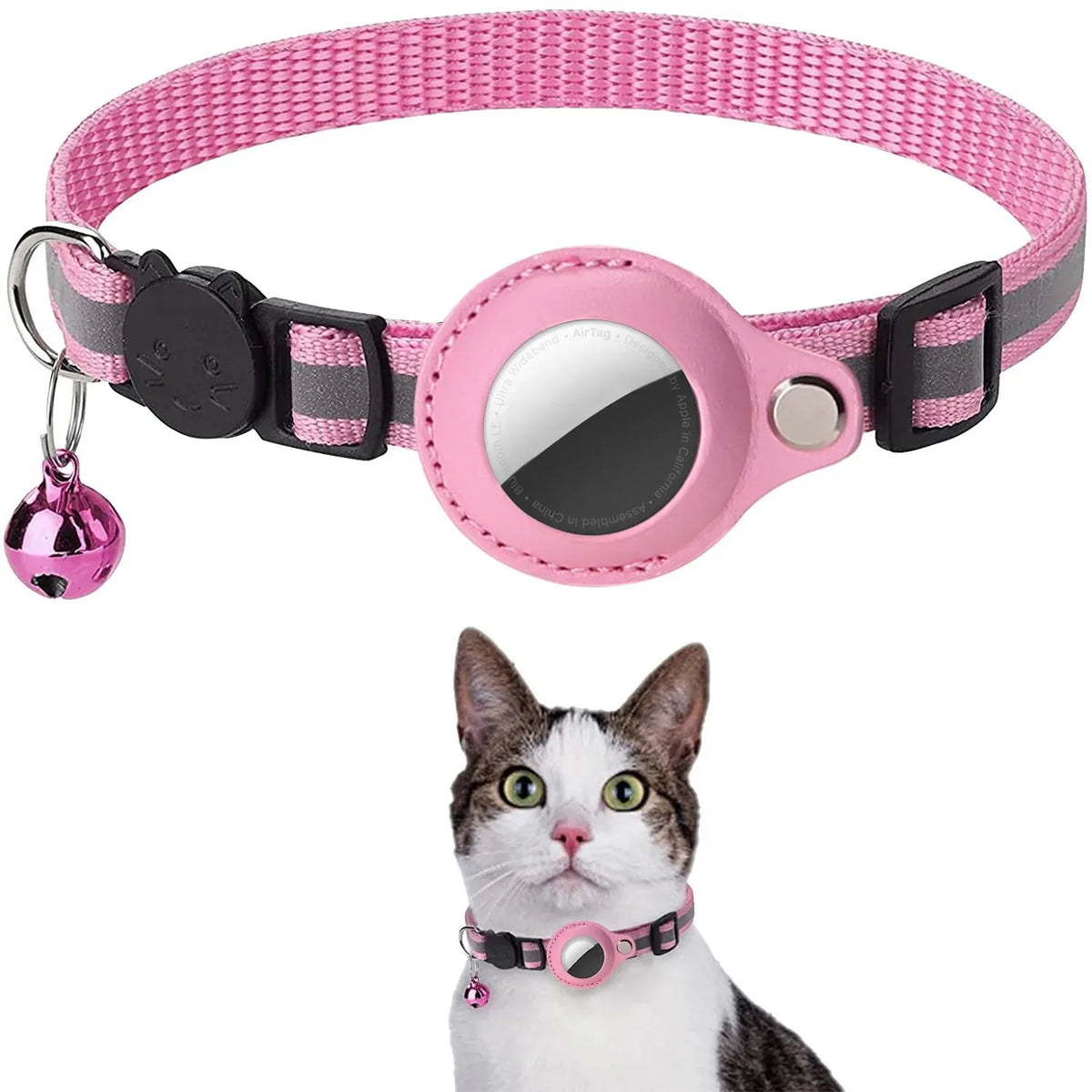 Reflective nylon cat collar with bell and breakaway safety buckle, designed for small pets and GPS tracker holder.