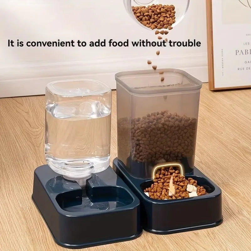 Automatic pet feeder with water bowl by Jelieora Venture, portion-controlled, battery-free design for cats and dogs.