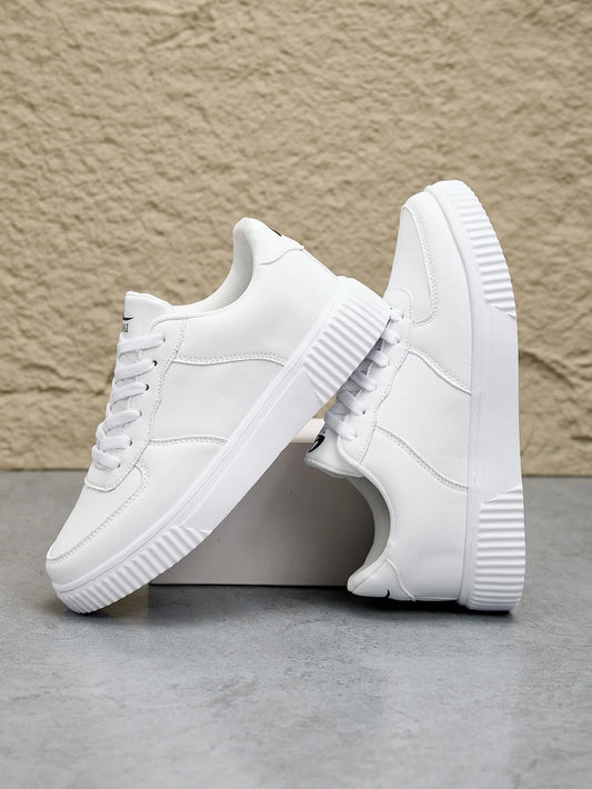 Men's white leather sneakers by Jelieora Venture featuring a sleek design and comfortable fit, shown on a plain background.