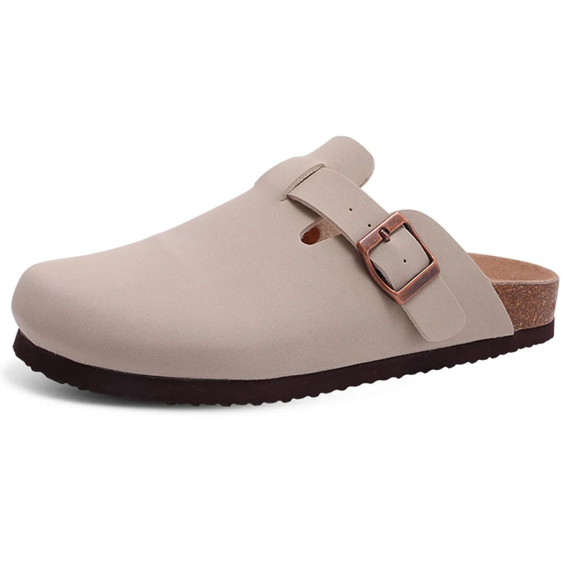 Women's cork sole suede mule clogs with adjustable buckle by Jelieora Venture, showcasing stylish slip-on footwear.
