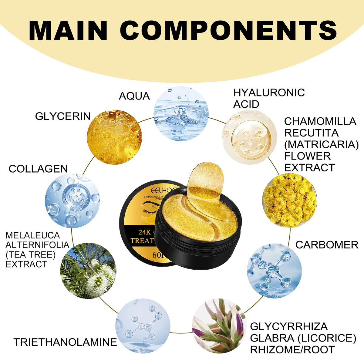 EELHOE 24k gold under eye patches by Jelieora Venture, collagen and hyaluronic acid eye masks for anti-aging and skincare.