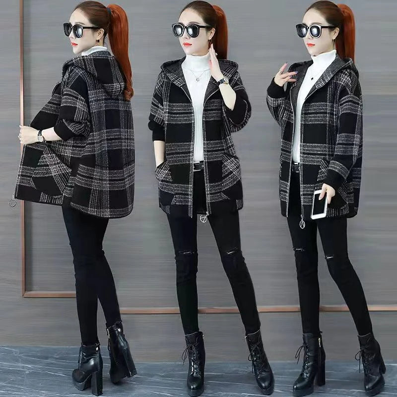 Plus size women's plaid fleece-lined coat by Jelieora Venture, showing a cozy, stylish outerwear with a plaid pattern and warm fleece interior.
