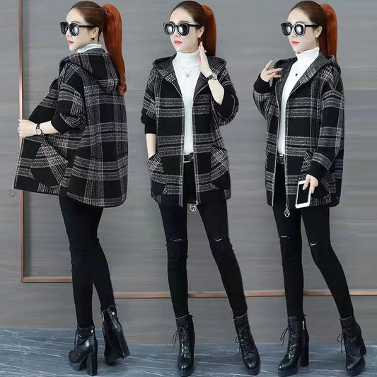 Plus size women's plaid fleece-lined coat by Jelieora Venture, showing a cozy, stylish outerwear with a plaid pattern and warm fleece interior.