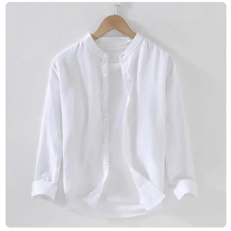 Men's linen long sleeve shirt by Jelieora Venture, light-colored fabric with a relaxed fit and button-up front.