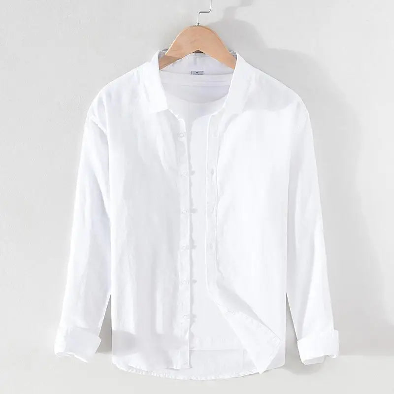 Men's linen long sleeve shirt by Jelieora Venture, shown in a relaxed fit with a button-down front and breathable fabric.