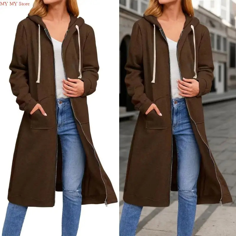 Jelieora Venture women's full zip hooded coat with front pockets, black, made of warm, soft fabric for casual outdoor wear.