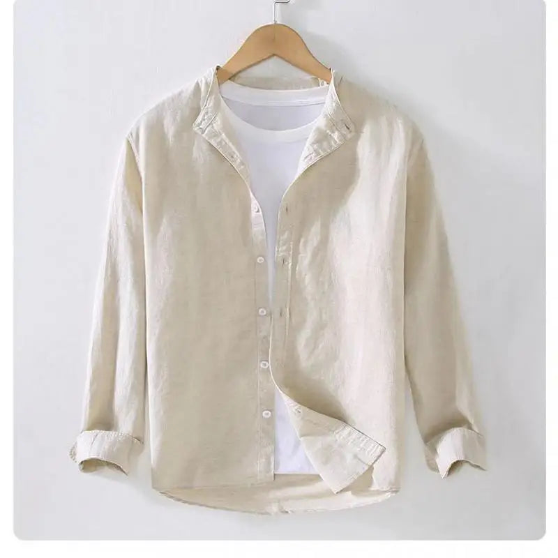 Men's linen long sleeve shirt by Jelieora Venture, featuring a lightweight, breathable fabric and a classic fit in a neutral color.