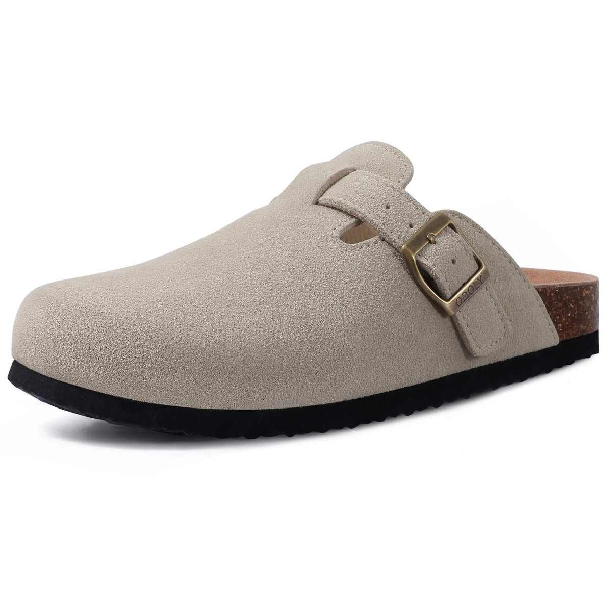 Women's suede mule clogs with cork soles and adjustable buckle, by Jelieora Venture, shown in a stylish footwear image.