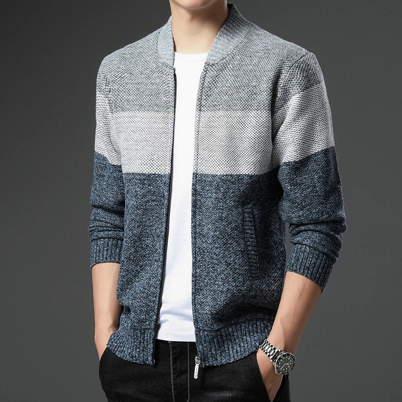 Men's knitted cardigan jumper by Jelieora Venture, featuring a cozy, textured knit fabric in a classic design.