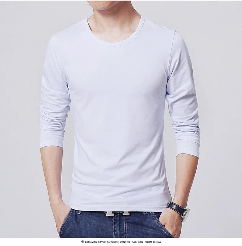 Men's slim fit long sleeve T-shirt by Jelieora Venture, shown in a neutral color, with a close-up of the fabric and fit.