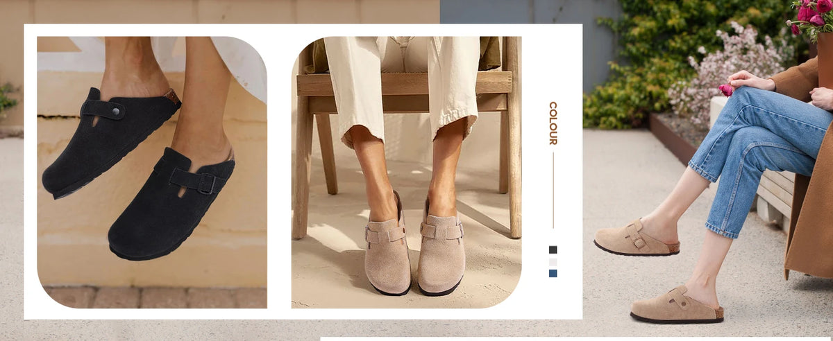 Women's suede mule clogs with cork soles and adjustable buckle from Jelieora Venture, showcasing a stylish slip-on footwear design.