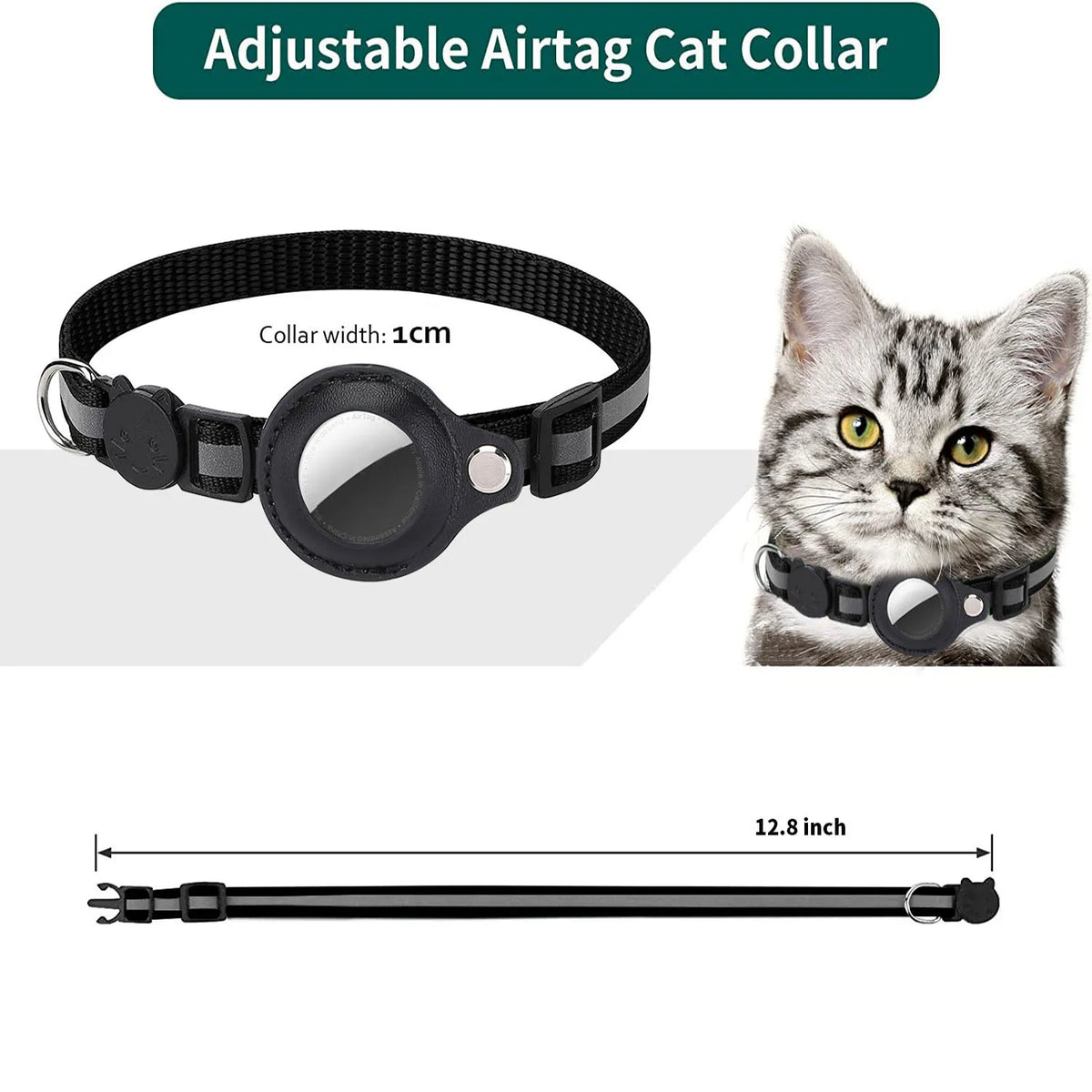 Jelieora Venture cat AirTag collar with adjustable strap and secure buckle, designed for pet tracking and safety.
