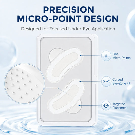 Jelieora Venture microneedle under eye patches for targeted eye skincare, showing micro-point patches on a user's under-eye area.