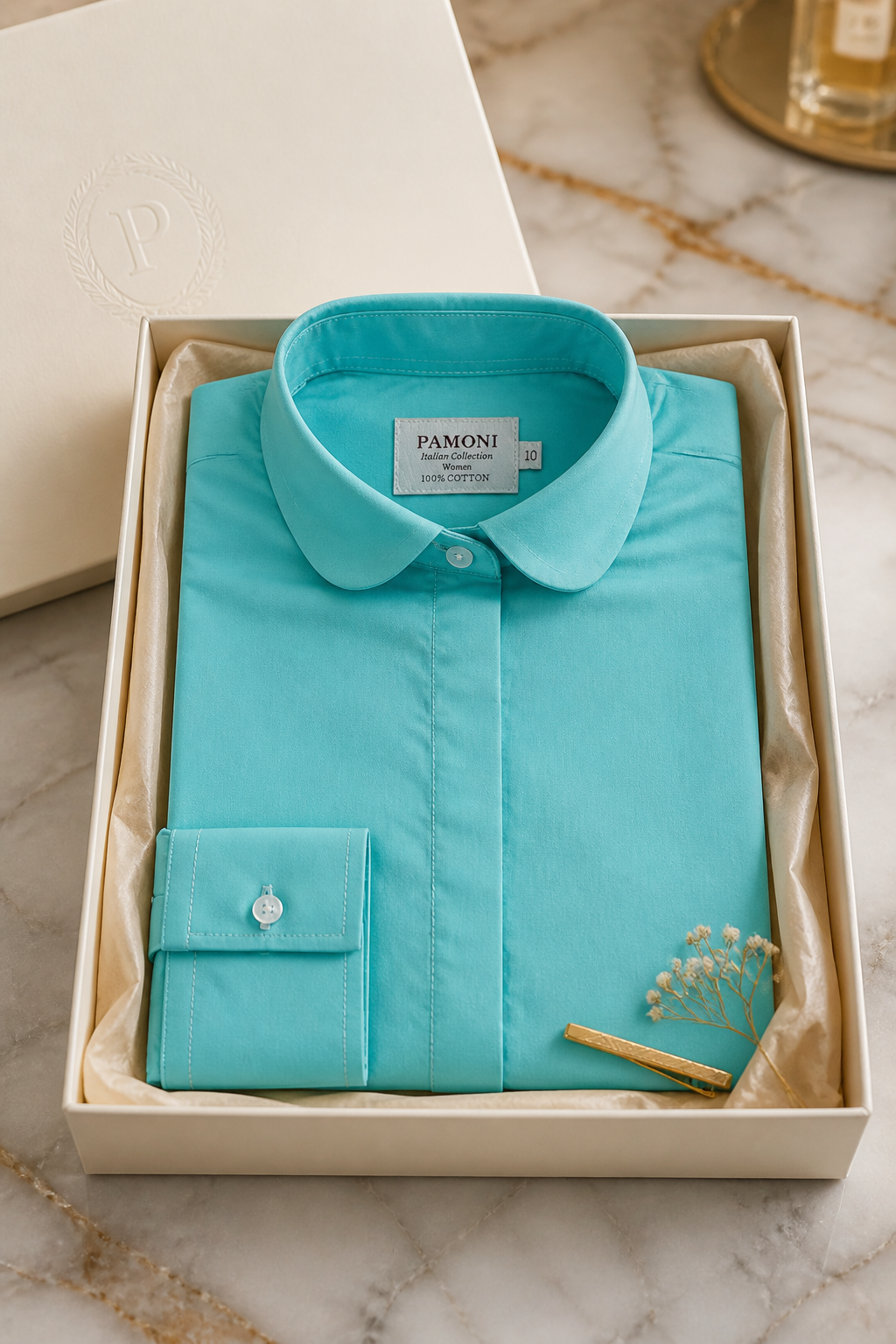 Women's aqua cotton shirt by Pamoni, featuring a relaxed fit with short sleeves and a classic collar, casual summer style.