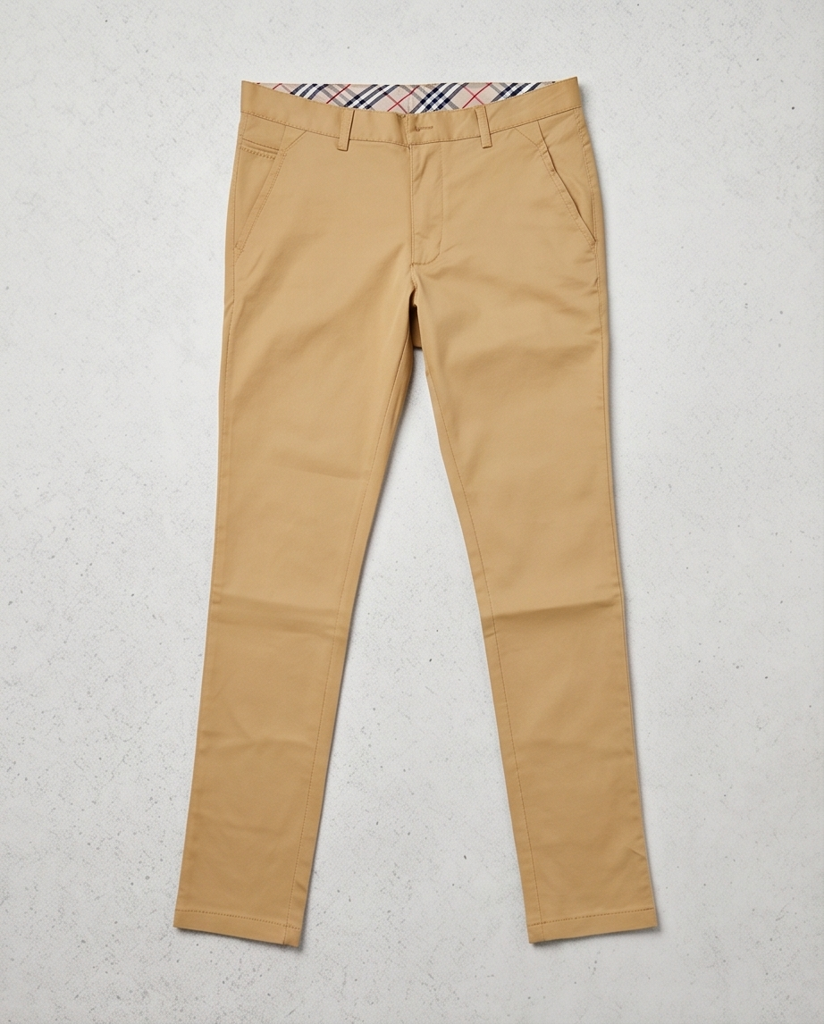 Beige slim-fit stretch chinos by PAMONI, showing the tailored fit and smooth fabric details.