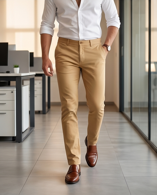 Beige slim-fit stretch chinos by PAMONI with a clean front, belt loops, and tailored fit for a casual yet polished look.