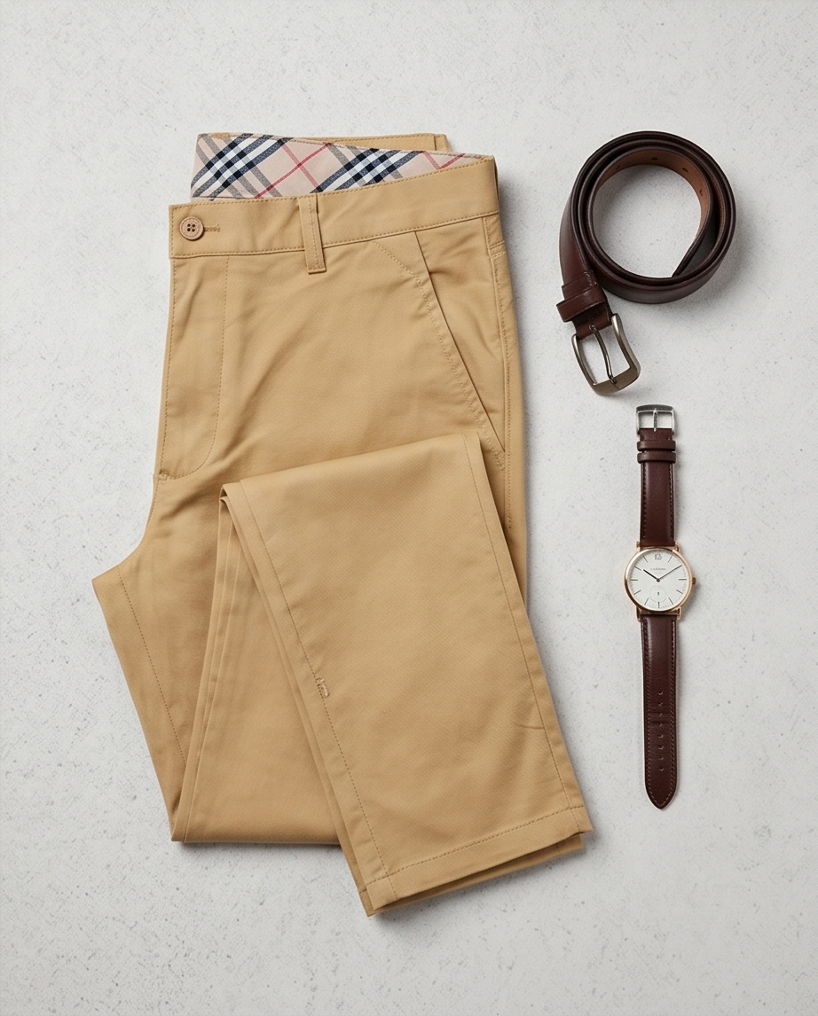 Beige slim-fit stretch chino pants by PAMONI displayed on a hanger, showcasing their tailored fit and smooth fabric.