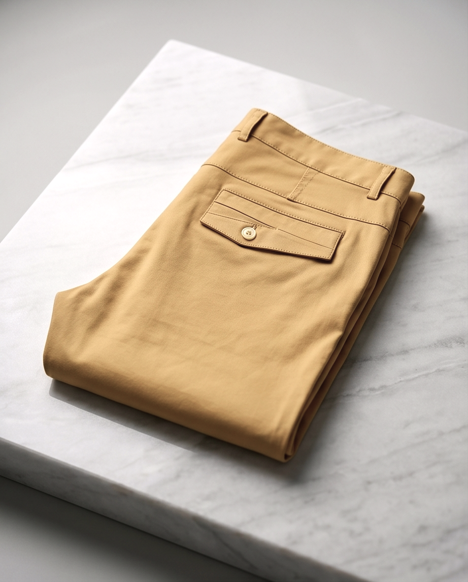 Beige slim-fit stretch chinos by PAMONI displayed on a hanger, showcasing the tailored fit and smooth fabric.