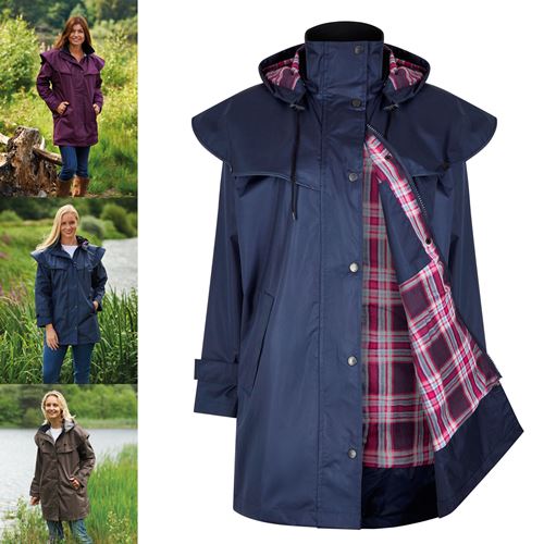 Champion ladies waterproof riding coat shown hanging, lightweight waterproof outerwear designed for equestrian riding and outdoor protection.