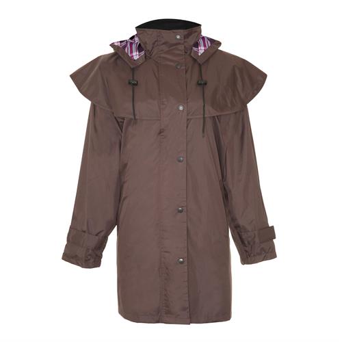 Champion ladies waterproof riding coat hanging on a wooden hanger, showing its waterproof fabric and stylish design.