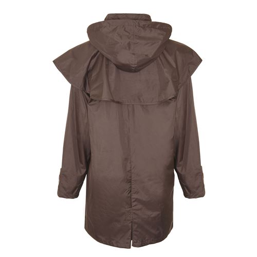 Champion ladies waterproof riding coat hanging on a wooden door, showing its full length and waterproof fabric.