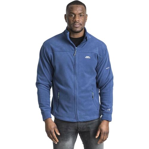 Men's full zip fleece jacket by Trespass, shown in navy with a high collar and zippered pockets, made of warm, soft fleece fabric.