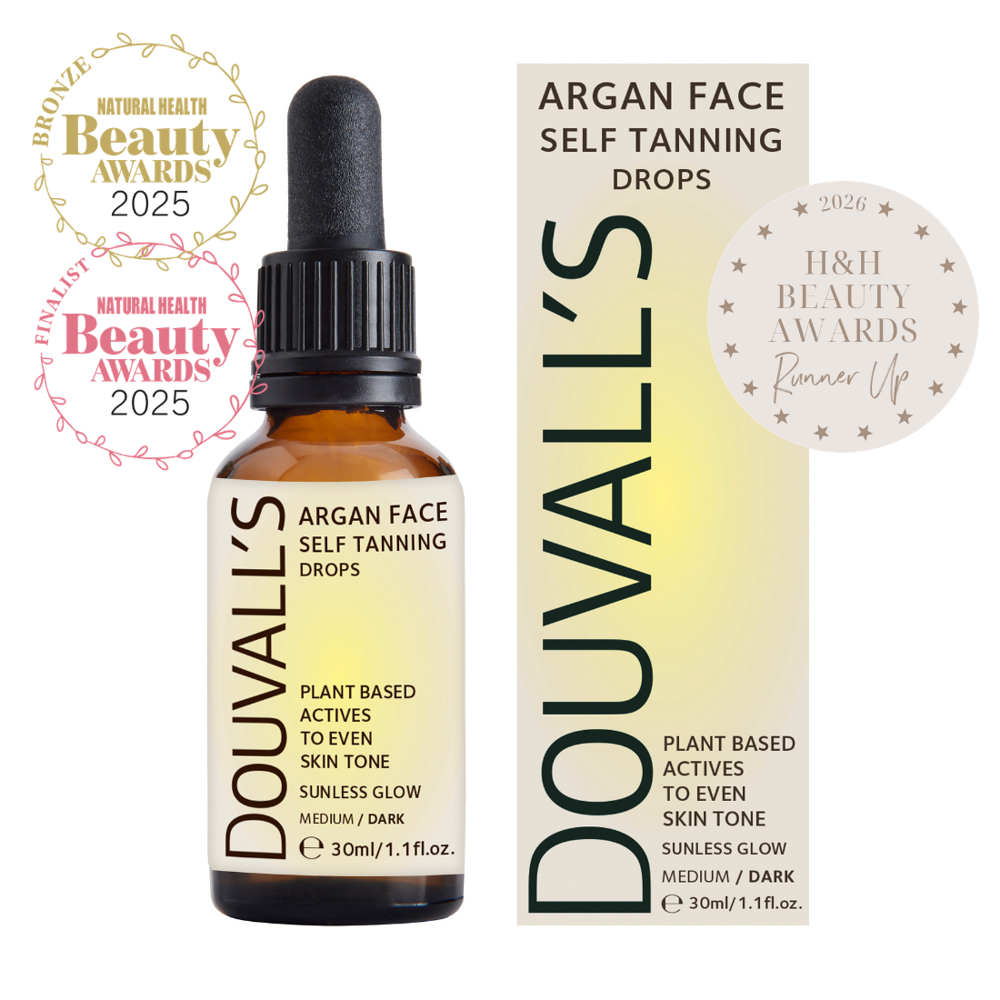 Douvalls Beauty Argan Oil Self Tanning Face Drops in 30ml bottle, featuring a clear liquid with dropper for natural tanning.