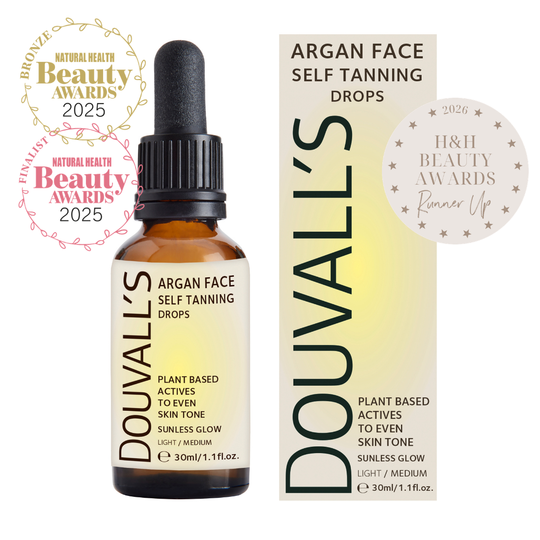 Douvalls Beauty Argan Oil Self Tanning Face Drops in 30ml bottle, featuring a sleek packaging and dropper applicator for natural tanning.