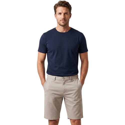 Beige men's cotton chino shorts from Ek Wholesale, front view showing classic fit and clean design.