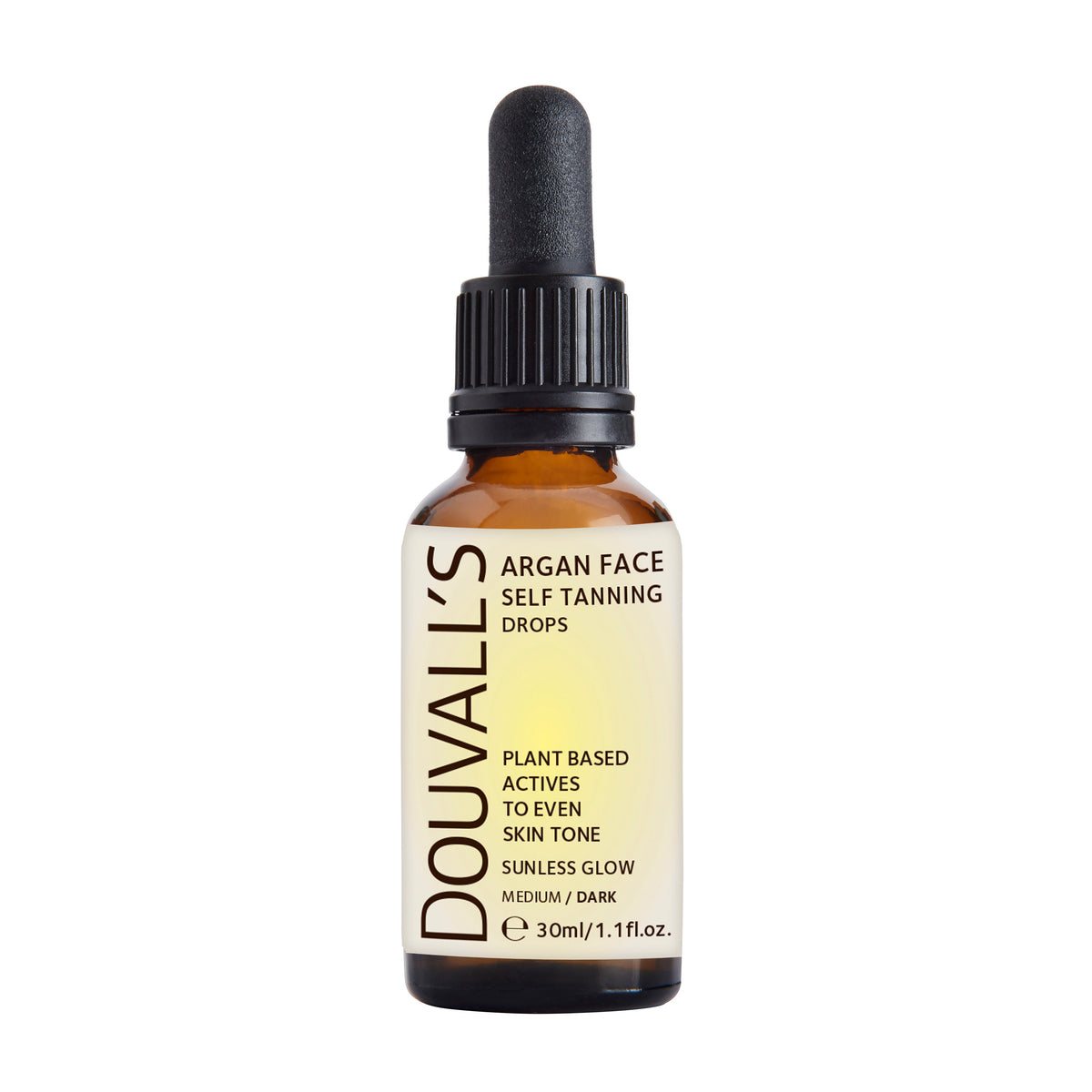 Douvalls Beauty Argan Oil Self Tanning Face Drops in 30ml, dark self-tanning body spray with argan oil, visible dark tint in the bottle.