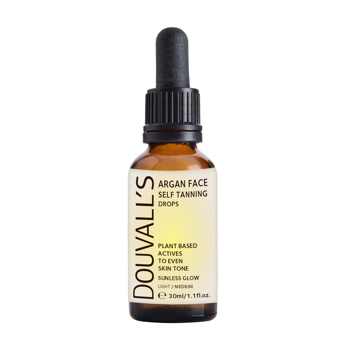 Douvalls Beauty argan self tanning face drops in a 30ml bottle, featuring a light tan finish and natural packaging.