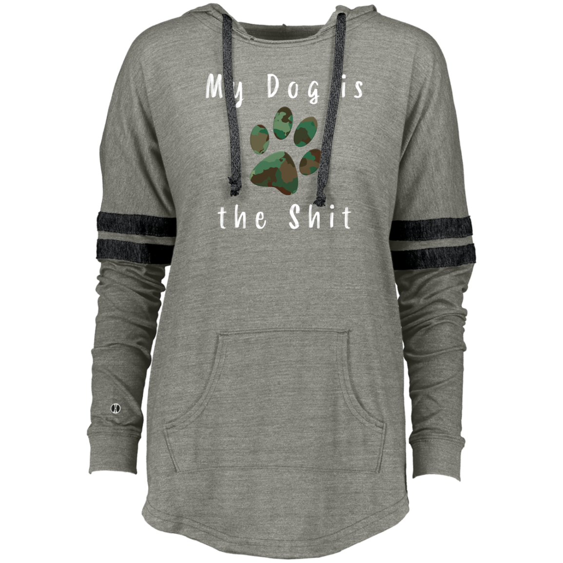 Ladies hooded sweatshirt with "My Dog is the Shit" graphic by CustomCat, featuring a cozy pullover with a hood and front pocket.