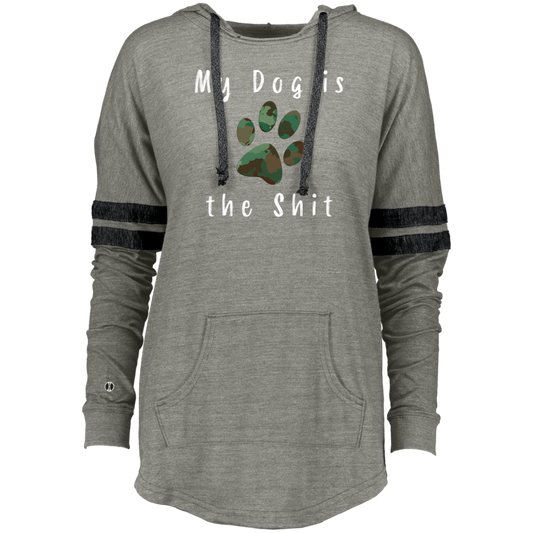 Ladies hooded sweatshirt with "My Dog is the Shit" graphic by CustomCat, featuring a cozy pullover with a hood and front pocket.