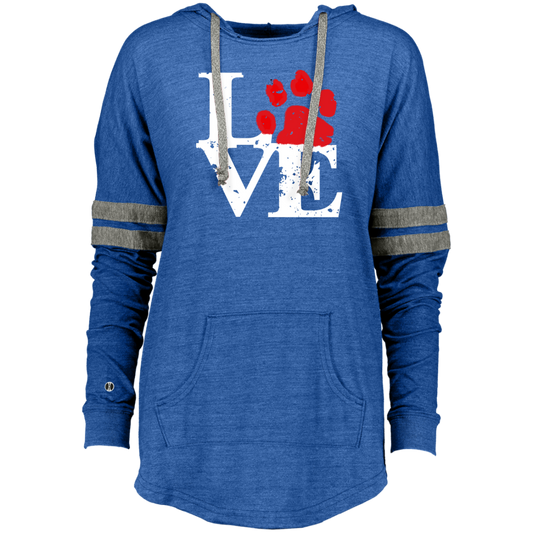 Ladies hooded pullover sweatshirt with love paw design by CustomCat, featuring a cozy fit and stylish look.