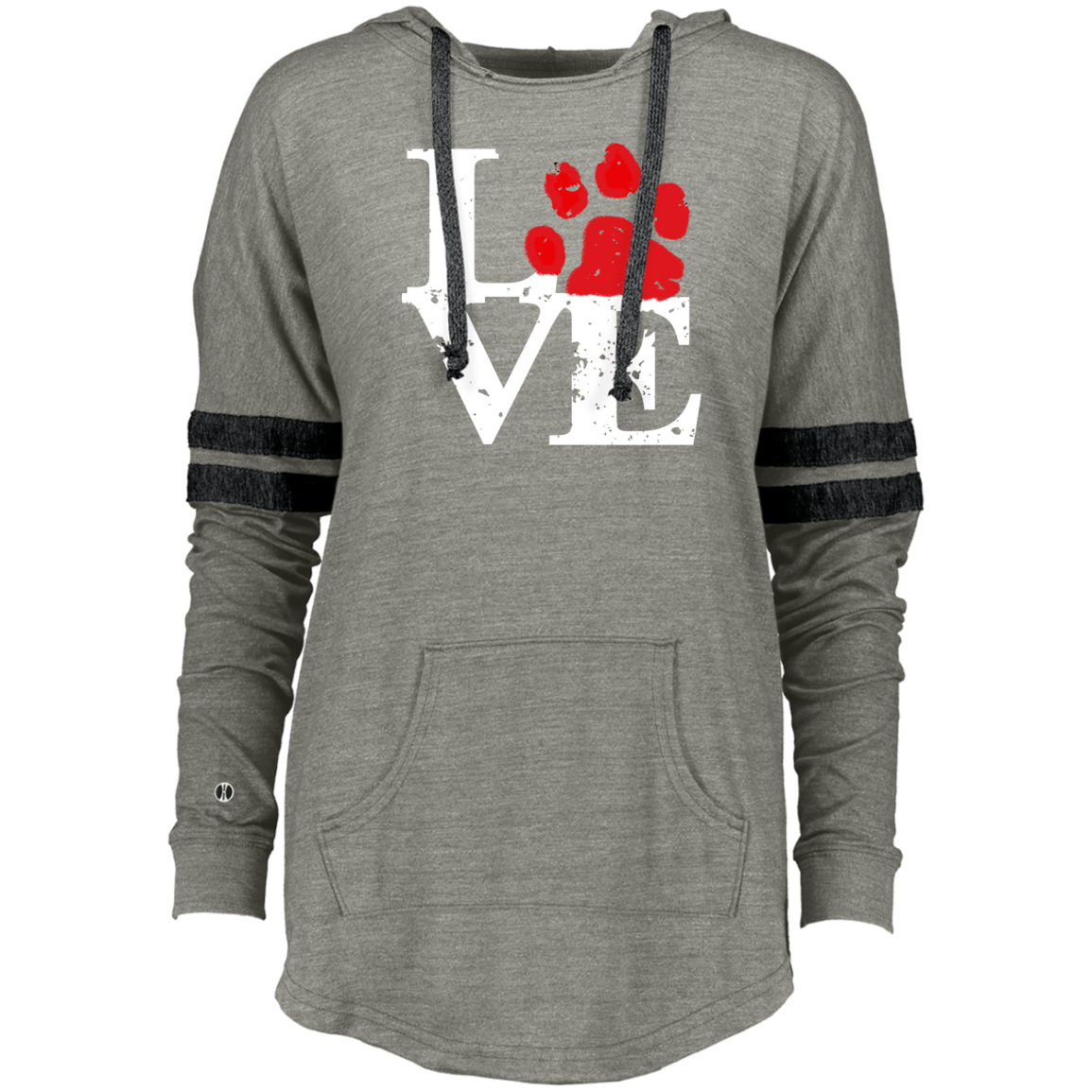 Ladies hooded pullover sweatshirt by CustomCat featuring a love paw graphic on the front, casual and comfortable apparel.