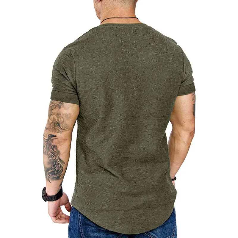 Men's longline hip hop T-shirt with curved hem by Jelieora Venture, featuring a modern streetwear style in black fabric.