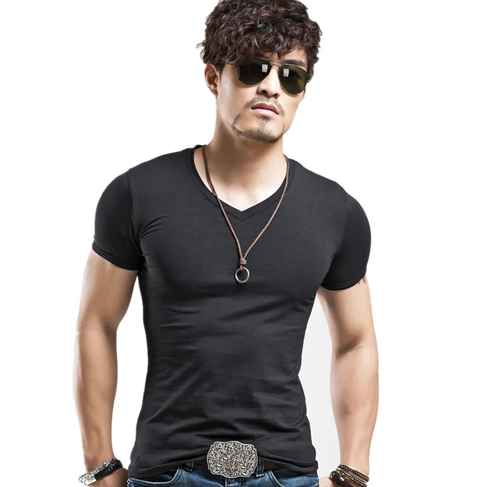 Men's V-Neck Fitness T-Shirt by Jelieora Venture, shown in black with breathable fabric and a fitted athletic design